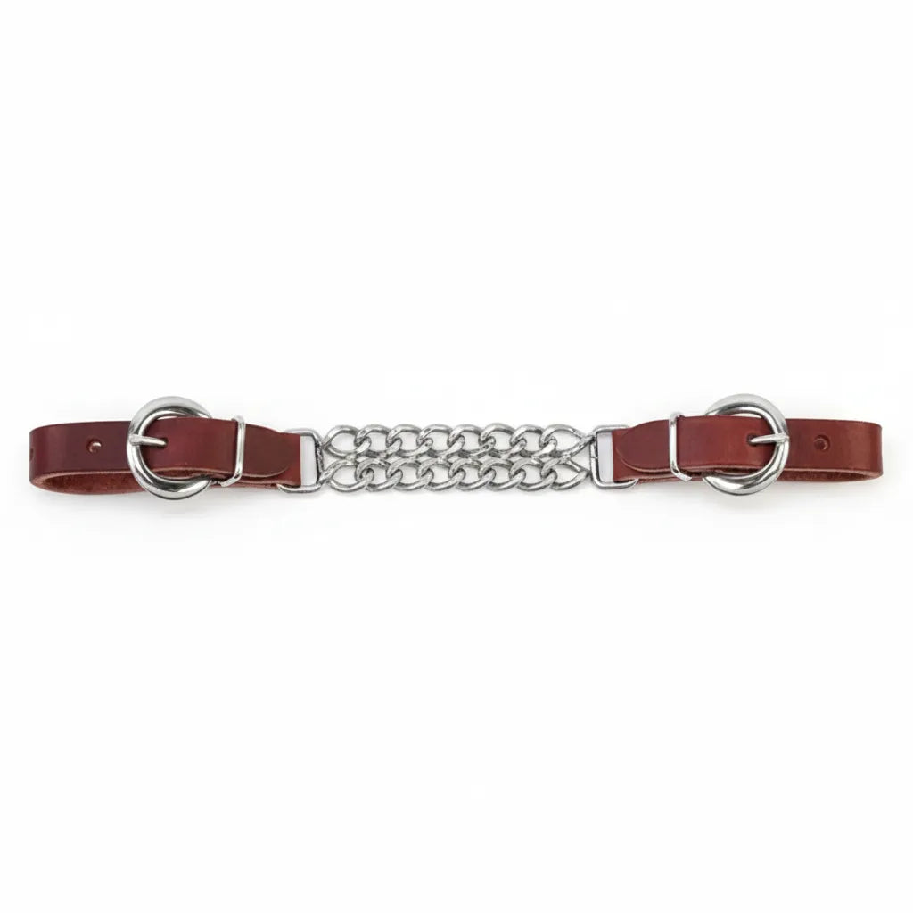 Weaver Leather Curb Strap in Burgundy Latigo with a 5/8" width. Features a 4-1/2" double flat link silver chain center for precise communication. Durable leather straps with silver-tone buckles and keepers provide a secure fit on western bridles. High-quality equestrian horse tack for western riding, training, and performance.