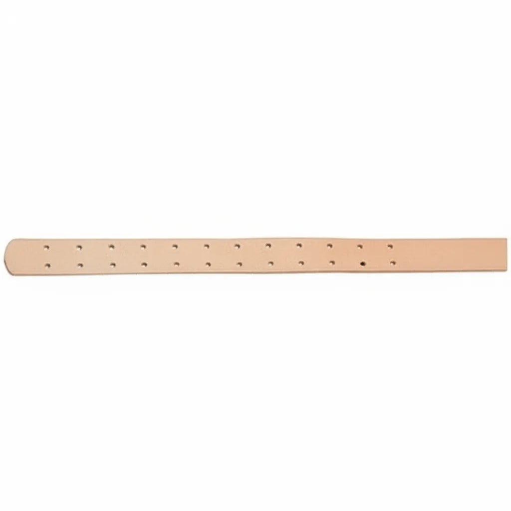 Weaver Leather Custom Punch Stirrup Leathers in heavy skirting leather. These natural tan leather straps feature a double-row of pre-punched holes for easy adjustment on western saddles. High-quality, durable equestrian gear designed for performance and longevity. Perfect for heavy-duty riding and custom tack setups.