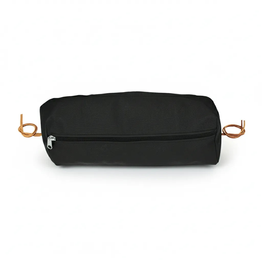 Weaver Leather black nylon horse saddle cantle bag for equestrian gear storage. Measuring 19-1/2" L x 6-1/2" W x 6" D, this durable trail riding accessory features a heavy-duty zipper and brown leather ties for secure attachment to your horse's saddle. Perfect for carrying essentials on the trail.