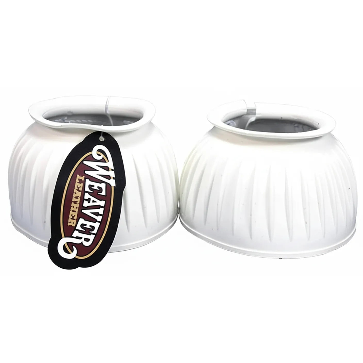 Pair of white Weaver Leather heavy-duty ribbed rubber bell boots for horse hoof protection. These durable equine overreach boots feature a double hook and loop closure for a secure, adjustable fit. Ideal for daily training or performance, the classic ribbed design provides maximum impact resistance for your horse's hooves. High-quality equestrian gear for professional hoof care and injury prevention.