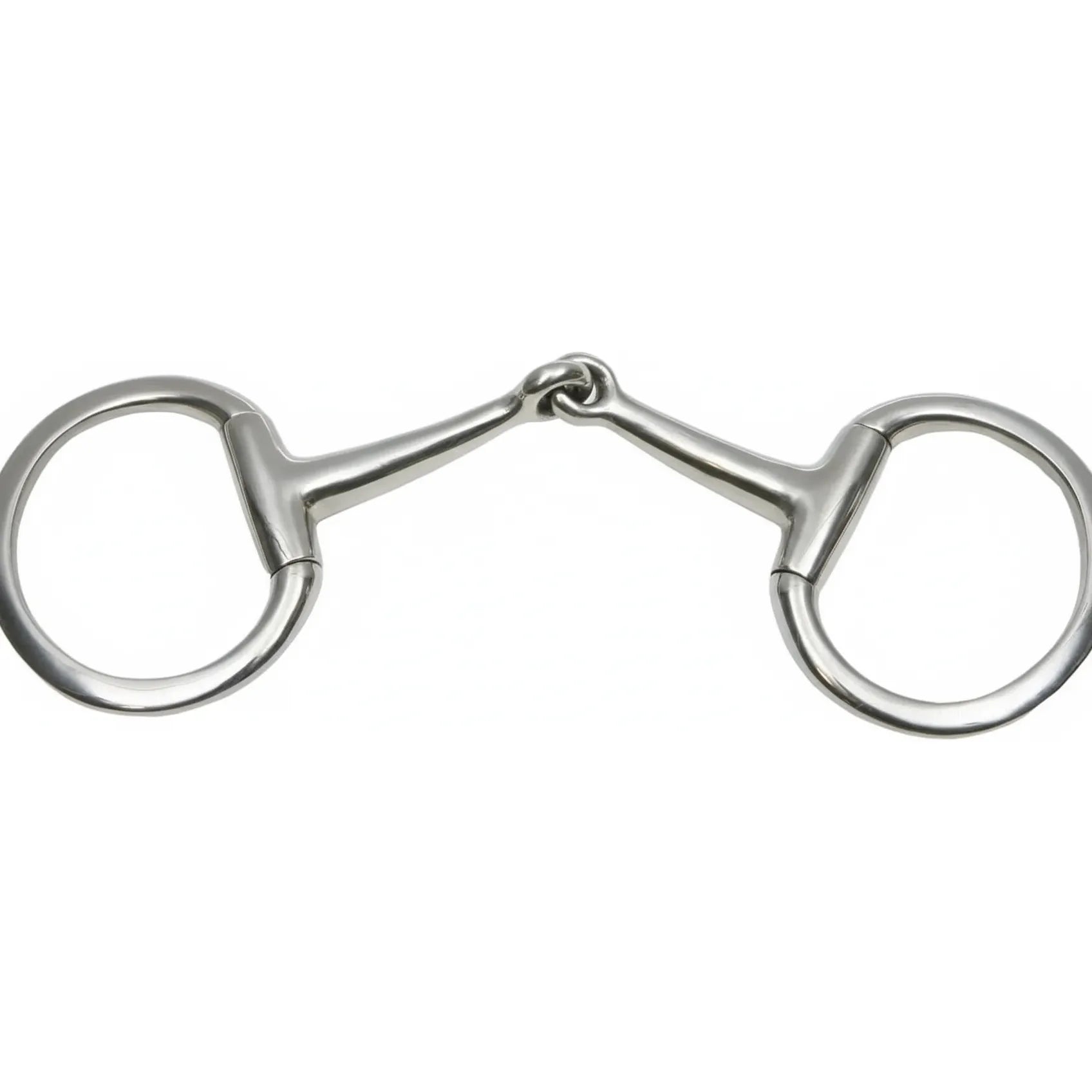 Weaver Leather Equine Eggbutt Snaffle Bit with a polished stainless steel finish. This high-quality horse bit features a 5-inch single-jointed solid mouthpiece and 2-3/4 inch fixed eggbutt rings designed to prevent pinching and provide stability. Essential equestrian tack for English or Western riding, offering clear communication and durable performance for horses and riders.