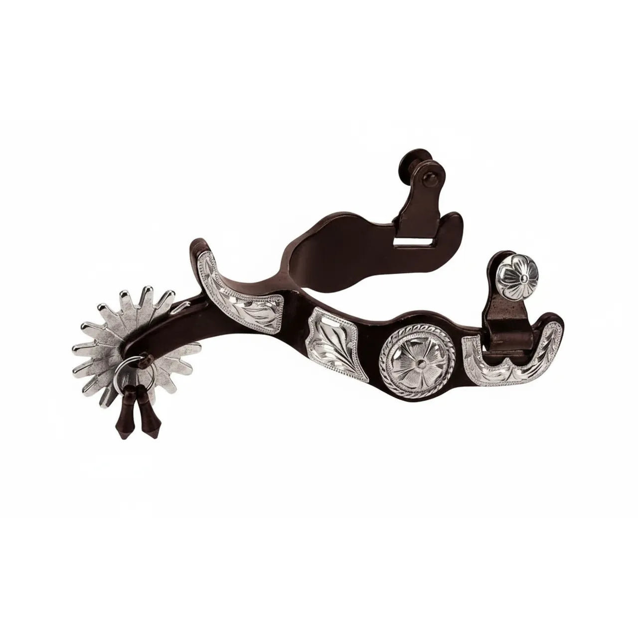 Weaver Leather Western show spurs with ornate German silver floral trim on a 1-1/2" dark steel band. Features a 2-1/4" shank, 16-point rowel, and dangling jingle bob accents. These high-quality equine spurs offer a classic cowboy aesthetic for competitive horse shows or western riding. Elegant craftsmanship meets functional design for riders seeking premium horse tack and equestrian gear.