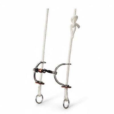 Weaver Leather Gag Bridle featuring white rope cheek pieces and a 5" sweet iron mouth with a copper roller to promote salivation. This stainless steel sliding bit with 3-1/2" cheeks is designed for smooth action and precise communication during horse training. A durable, professional-grade piece of equestrian tack perfect for Western riders seeking enhanced control and responsiveness.