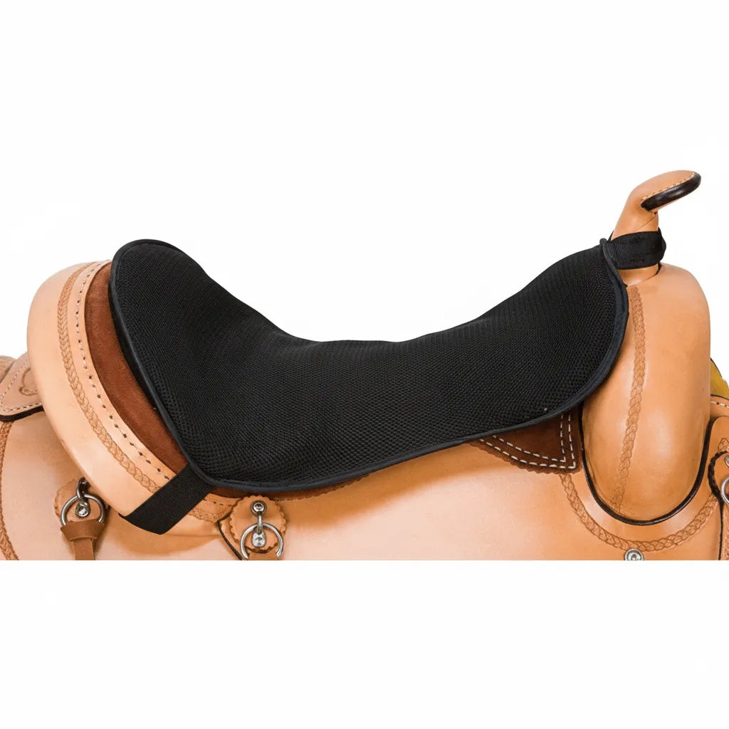Weaver Leather Gel Seat Saver for Western saddles featuring a breathable black mesh exterior. This shock-absorbing gel cushion provides premium comfort for horse riders. Shown on a tan leather Western saddle, highlighting its snug fit and ergonomic design. Ideal for trail riding and long days in the saddle, this lightweight seat pad reduces fatigue and adds a layer of cushioning for a more enjoyable ride.