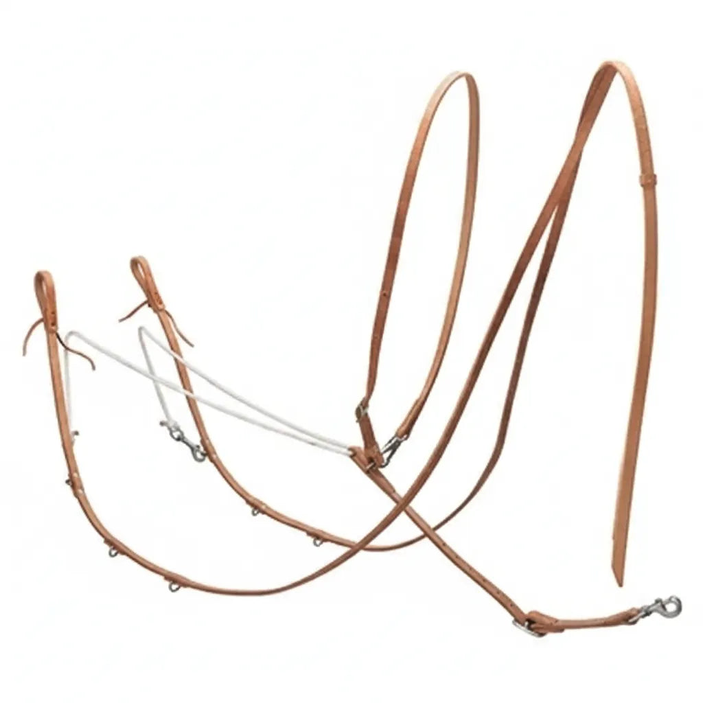 Weaver Leather German Russet Harness Leather Training Martingale featuring 1/4" white nylon rope and durable stainless steel hardware. This professional horse training tack includes adjustable straps with multiple dees for versatile settings and swivel snap ends for easy attachment to a cinch. Ideal for western training and improving head carriage, this premium martingale combines traditional russet leather with modern performance rope for effective communication.