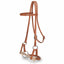 Weaver Leather russet brown leather half breed headstall featuring a lariat rope noseband and a sweet iron snaffle bit. This western horse tack includes a browband design, stainless steel buckles for easy adjustment, and durable doubled and stitched leather construction. Perfect for horse training or trail riding, this high-quality headstall offers a classic western look and reliable performance for every equestrian.