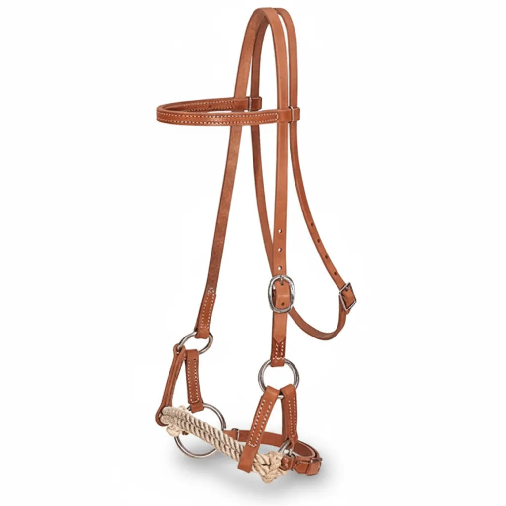 Weaver Leather russet brown leather half breed headstall featuring a lariat rope noseband and a sweet iron snaffle bit. This western horse tack includes a browband design, stainless steel buckles for easy adjustment, and durable doubled and stitched leather construction. Perfect for horse training or trail riding, this high-quality headstall offers a classic western look and reliable performance for every equestrian.