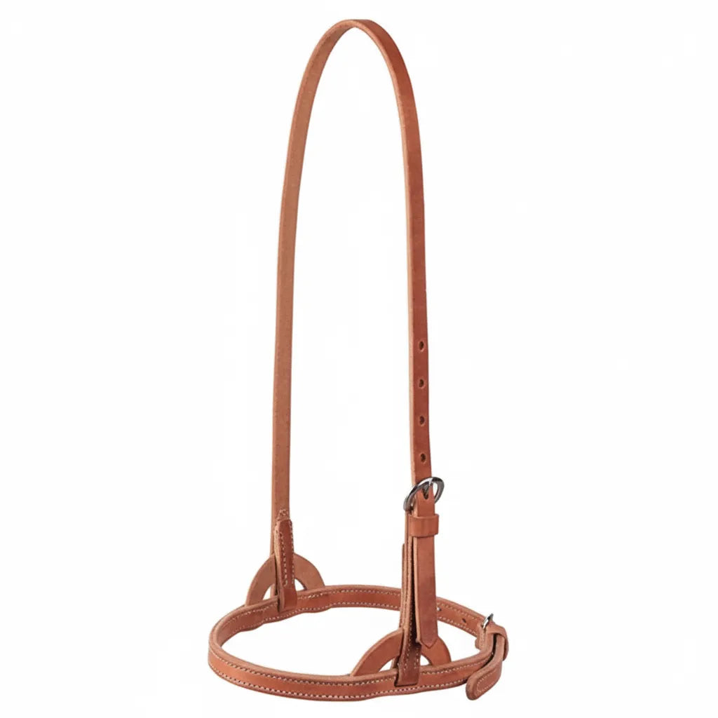 Weaver Leather Harness Caveson crafted from premium 3/4" Hermann Oak russet leather with classic white stitching. This horse-sized noseband features adjustable nickel-plated hardware for a secure, custom fit. A high-quality piece of western horse tack, perfect for training and control. Durable and stylish, this russet leather caveson is an essential addition to any equestrian's gear collection.
