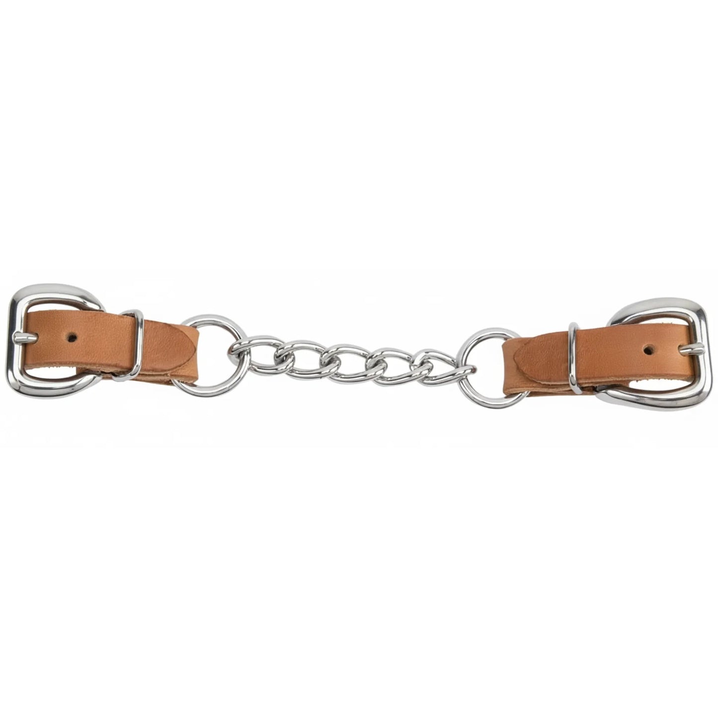 Weaver Leather Heavy-Duty Single Link Chain Curb Strap in russet harness leather. This horse tack accessory features a 4 1/2" stainless steel single link chain center and 5/8" wide leather straps with silver-tone buckles. Designed for durability and precise control, it's a must-have for western riders looking for high-quality training equipment and bit accessories.