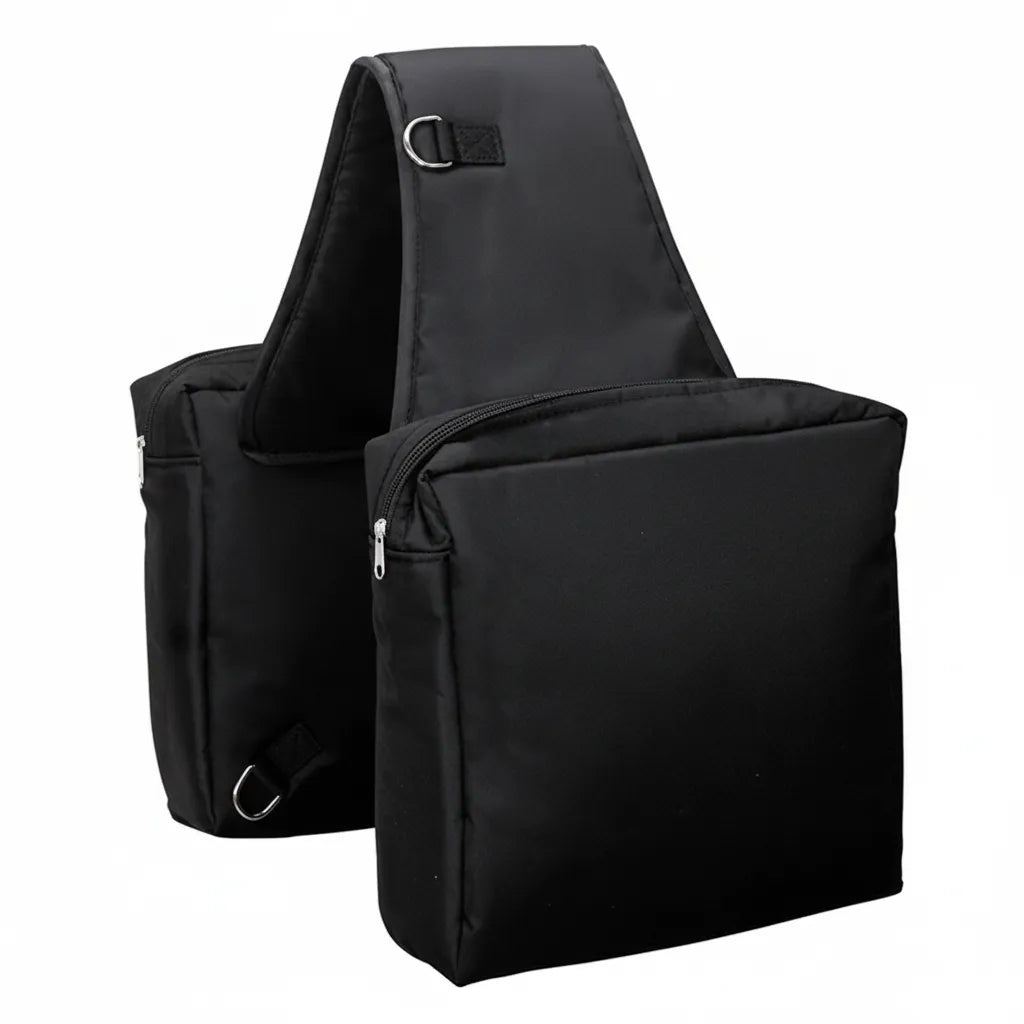 Weaver Leather black heavy duty nylon trail riding saddle bag featuring two large zippered storage pouches. Designed with durable, weather-resistant fabric and silver D-rings for secure attachment to horse tack. Dimensions: 9-3/4 inch W x 11-1/2 inch L x 4-1/2 inch D. Ideal for long distance trail rides and keeping western horse riding essentials organized and accessible.