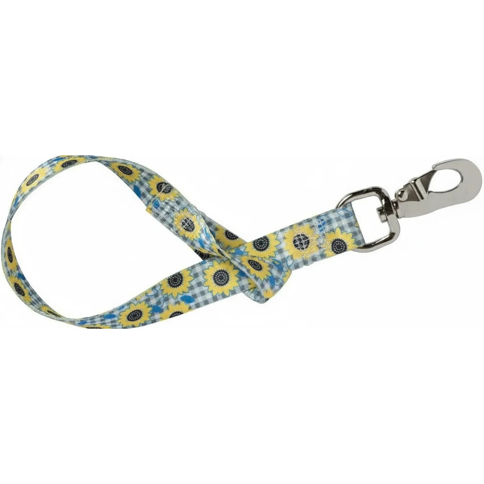 Weaver Leather heavy-duty nylon bucket strap featuring a yellow sunflower pattern on a blue and grey gingham background. This 1" x 22" strap includes a sturdy nickel-plated snap hook, making it a durable and stylish barn accessory for hanging water buckets, feed bags, or pet supplies in horse stalls and stables.