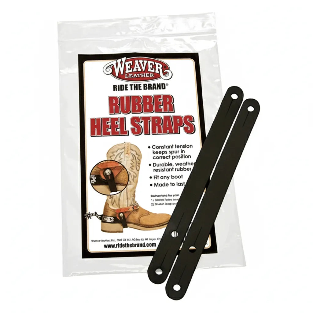 Durable 8" black rubber heel straps by Weaver Leather, designed to keep spurs in the correct position on cowboy boots. These weather-resistant spur straps provide constant tension and a secure fit for any boot style. An essential piece of equestrian gear for western riders, the package includes two flexible rubber straps featuring pre-punched holes for easy attachment to spurs.
