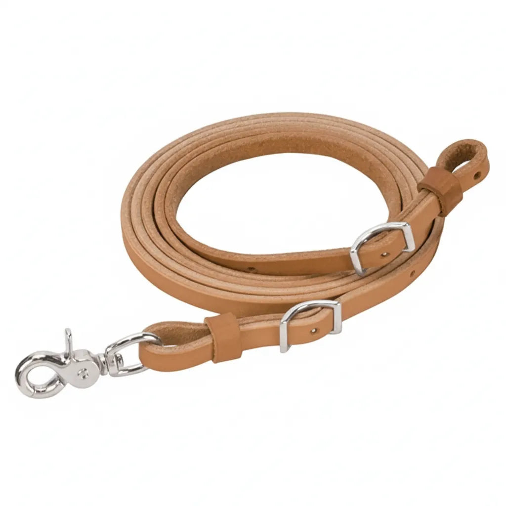 Premium Weaver Leather Horizons Harness Leather Reins featuring a natural tan finish and skived center for superior feel. These durable horse reins come equipped with a nickel-plated scissor snap and adjustable buckles. Coiled and ready for western riding, training, or trail rides. High-quality equestrian tack for horse enthusiasts.