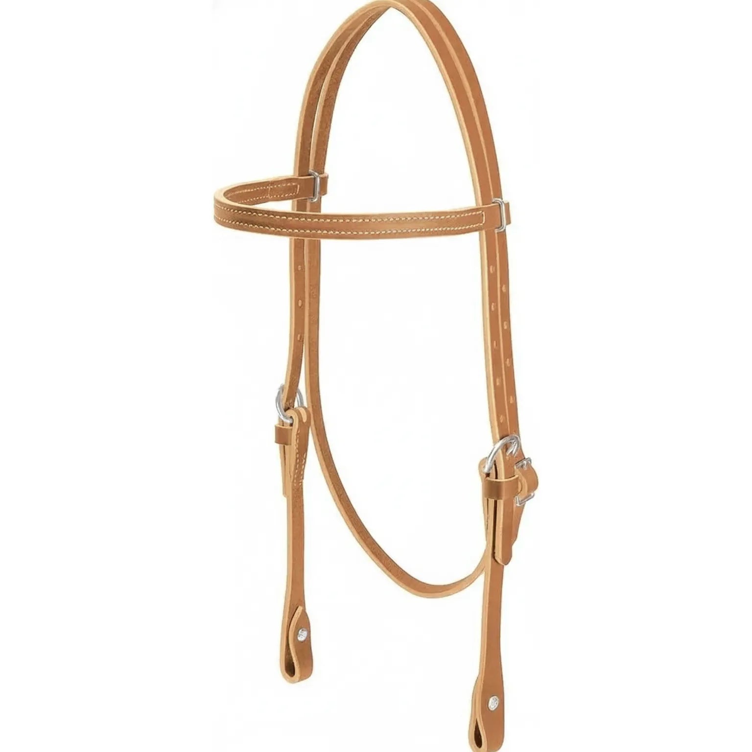 Weaver Leather Horizons Browband Headstall in Golden Brown Harness Leather. This classic western horse bridle features durable single-ply harness leather with contrasting white stitching and stainless steel buckles. Ideal for trail riding or training, it includes Chicago screw bit ends for easy bit attachment. A high-quality, dependable piece of horse tack perfect for any equestrian's collection.