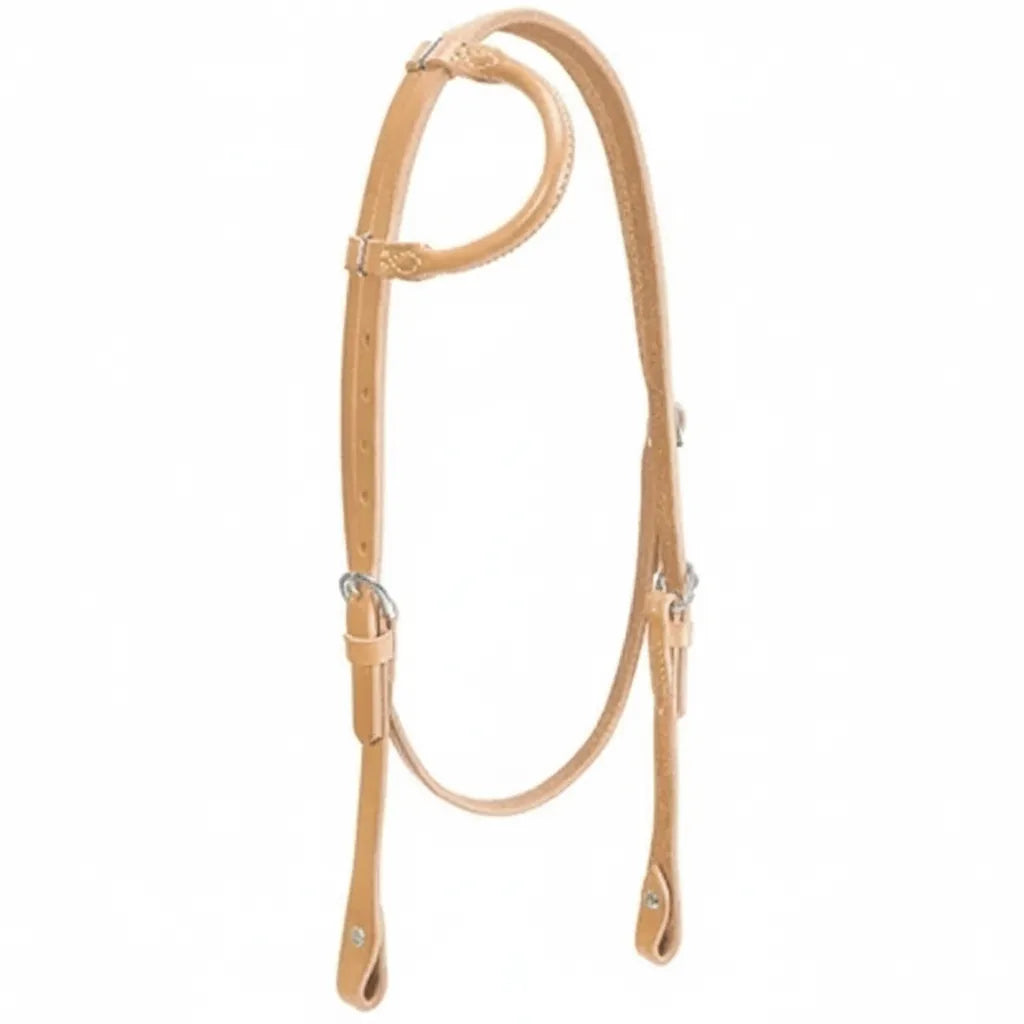 Weaver Leather Horizons Sliding Ear Headstall crafted from premium 5/8" rolled natural russet leather. This Western horse headstall features a versatile sliding ear design, adjustable cheek pieces with stainless steel hardware, and secure bit ends. Durable and stylish equestrian gear perfect for trail riding, training, or performance horses. A classic addition to your horse tack collection.