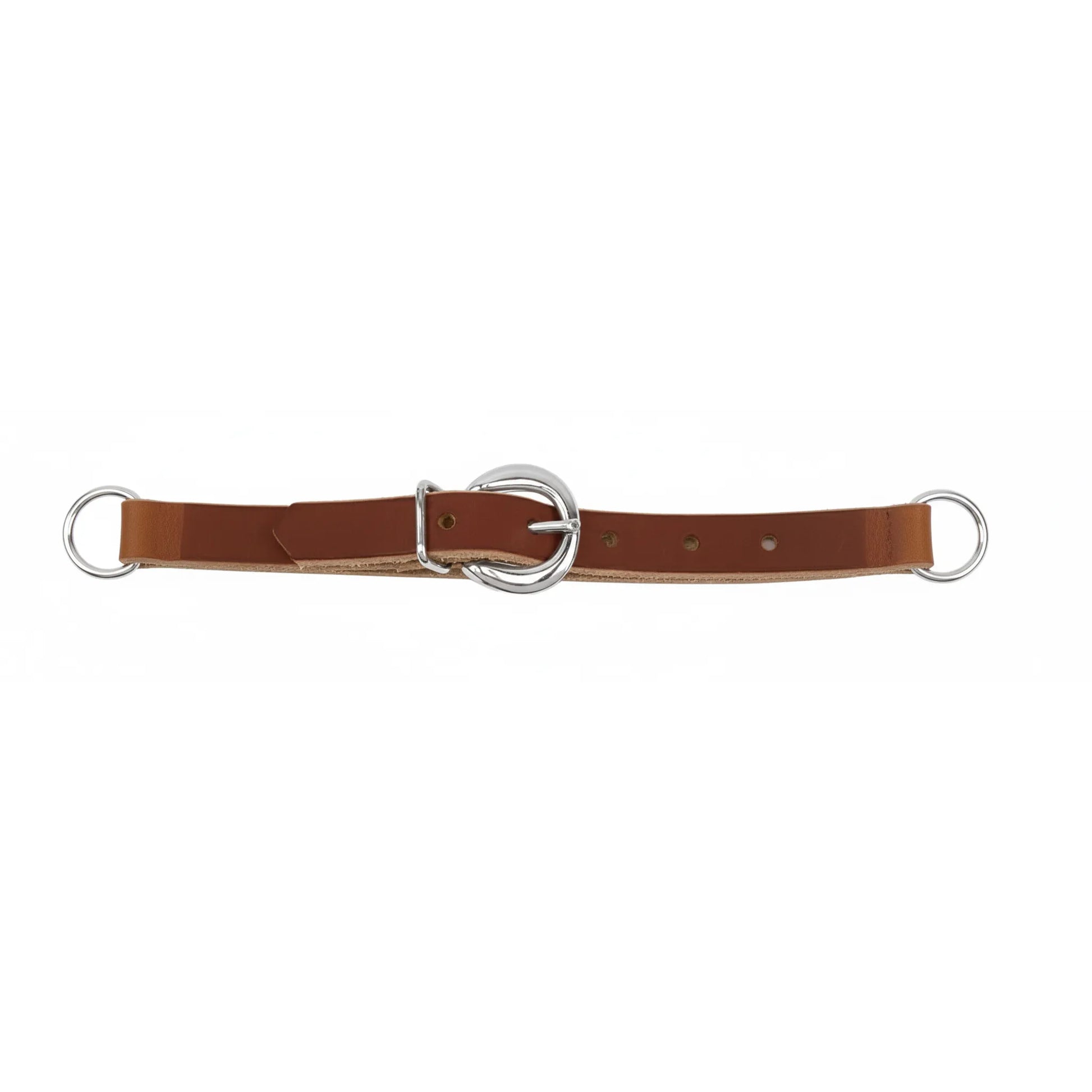 Weaver Leather Horizons Straight Harness Leather Curb Strap in rich Golden Brown. This 5/8" wide western horse tack accessory features premium single-ply harness leather and durable stainless steel hardware, including a center buckle and end rings for easy adjustment and secure bit attachment. Ideal for riders seeking high-quality, long-lasting equipment for training or daily rides.