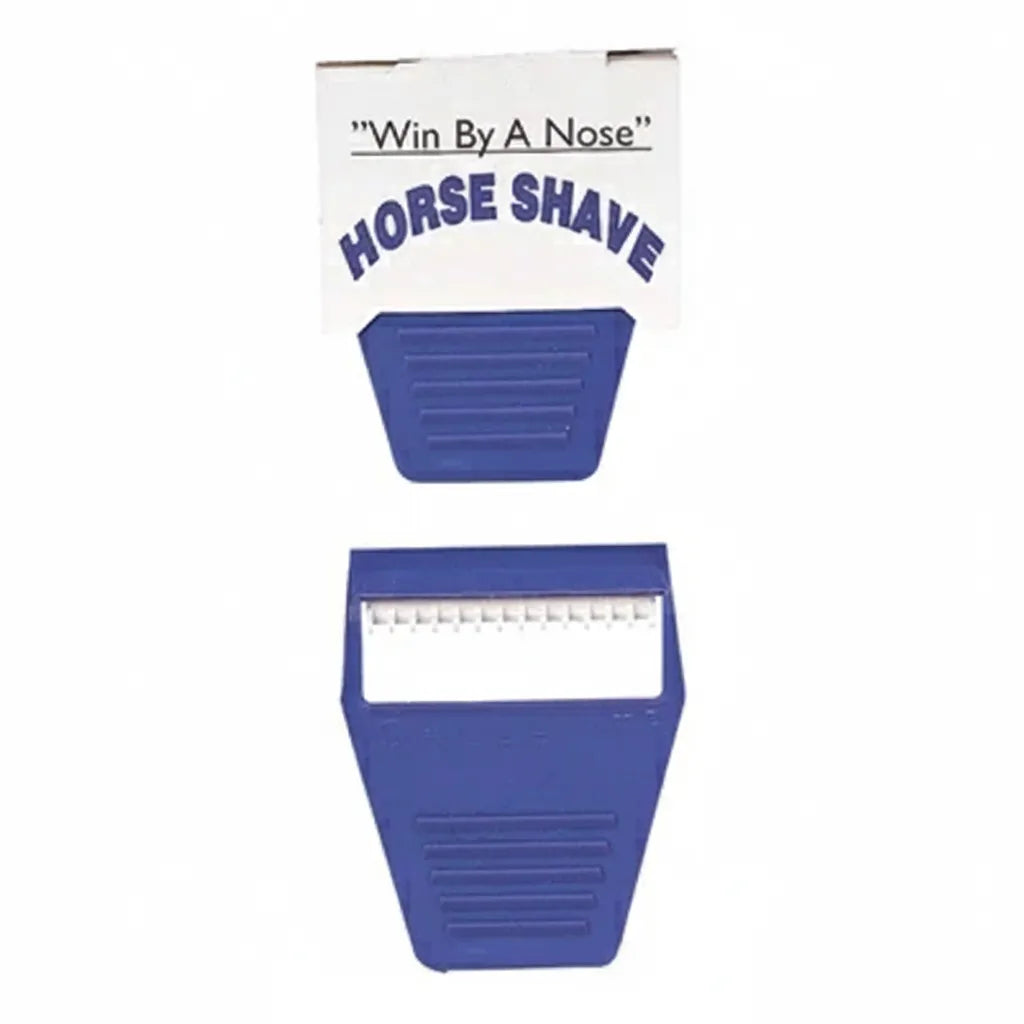Weaver Leather Horse Shave 2-Pack features two blue, reusable grooming tools designed for quick show ring touch-ups. One tool is shown with its 'Win By A Nose' packaging, while the other reveals the guarded shaving blade. These compact horse shavers have an ergonomic, textured blue grip, making it easy to safely remove stray hairs from a horse's face, muzzle, and ears for a clean, professional finish.