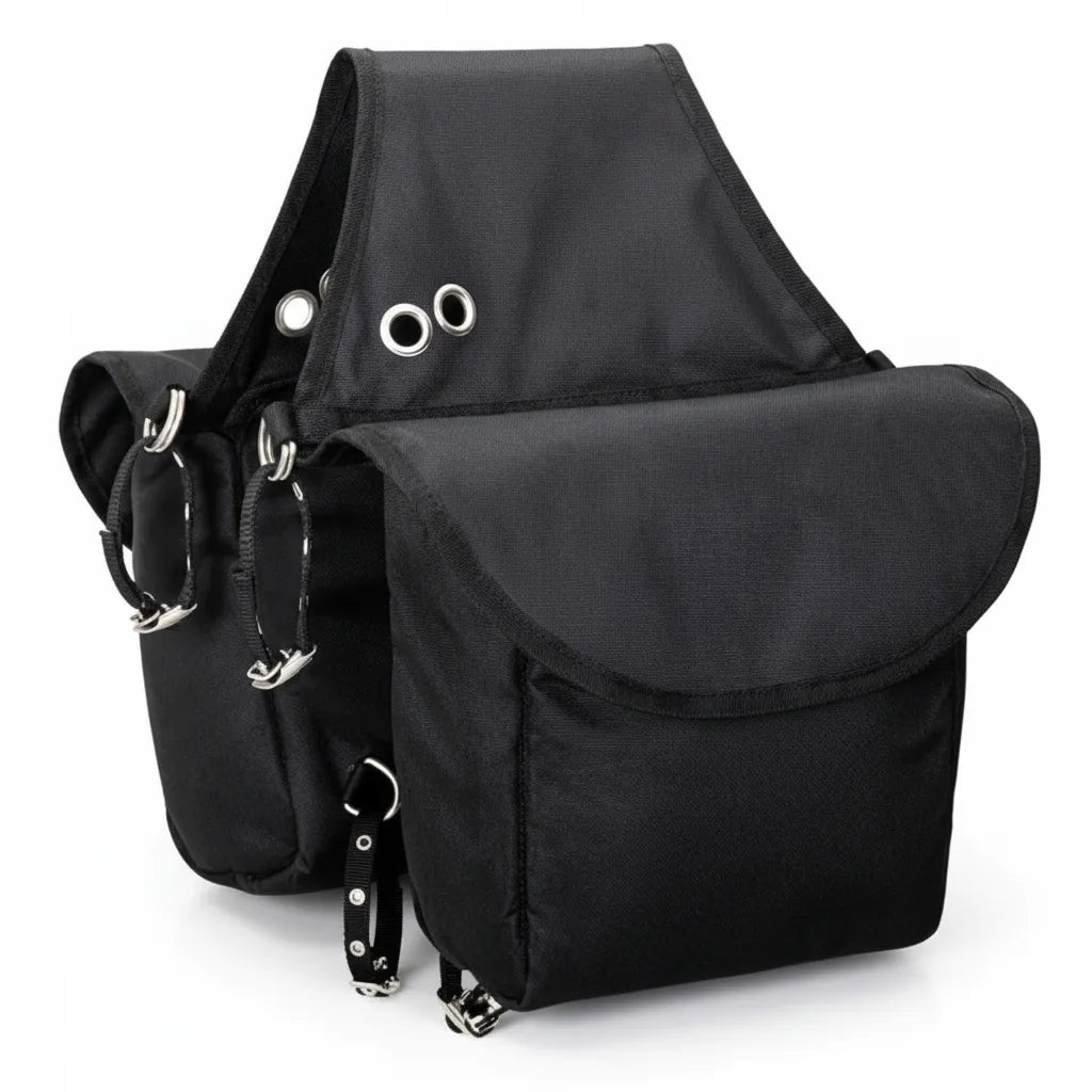 Black Weaver Leather Insulated Nylon Saddle Bag for horse trail riding. This durable black double bag features two 9-3/4" W x 11-1/2" L x 4-1/2" D insulated compartments with secure top flaps, silver grommets, and adjustable D-ring straps for easy attachment. Perfect for keeping snacks and drinks cold on long rides, this water-resistant equestrian gear is a must-have for trail enthusiasts looking for organized, accessible storage.