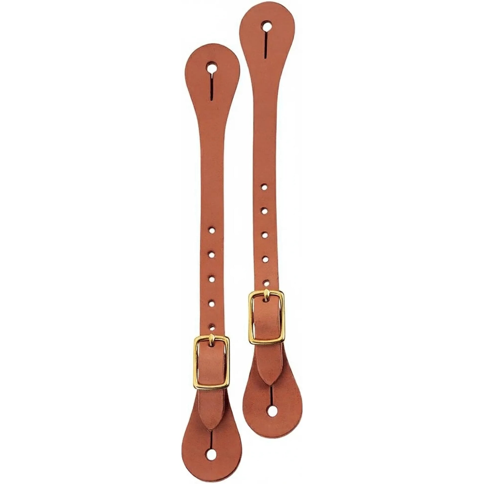 Weaver Leather Ladies' Hermann Oak Harness Leather Spur Straps featuring a rich russet brown finish and durable brass buckles. These high-quality western riding accessories offer adjustable sizing with multiple pre-punched holes and traditional teardrop ends for secure attachment to spur buttons. Essential equestrian tack designed for comfort and long-lasting performance in the arena or on the trail.