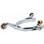 Weaver Leather Ladies' Stainless Steel Roping Spurs featuring a polished 1/2" band and a 1-3/4" shank. These high-quality western spurs highlight a 10-point brass rowel and decorative brass buttons for easy strap attachment. A sleek and durable addition to any equestrian's tack room, these spurs are designed for performance and style in the arena.