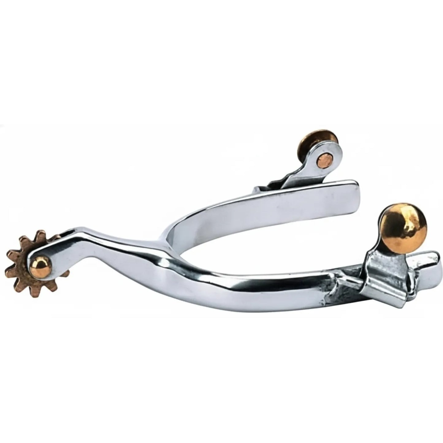 Weaver Leather Ladies' Stainless Steel Roping Spurs featuring a polished 1/2" band and a 1-3/4" shank. These high-quality western spurs highlight a 10-point brass rowel and decorative brass buttons for easy strap attachment. A sleek and durable addition to any equestrian's tack room, these spurs are designed for performance and style in the arena.