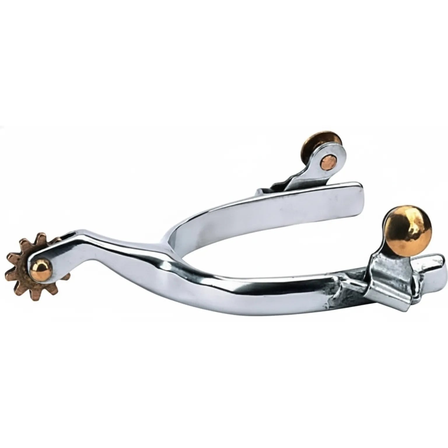 Weaver Leather Ladies' Stainless Steel Roping Spurs featuring a polished 1/2" band and a 1-3/4" shank. These high-quality western spurs highlight a 10-point brass rowel and decorative brass buttons for easy strap attachment. A sleek and durable addition to any equestrian's tack room, these spurs are designed for performance and style in the arena.