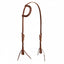 Weaver Leather Latigo 1-Ear Headstall in rich oil-tanned brown leather with cream contrast stitching. This classic Western bridle features a single ear loop, adjustable stainless steel buckles, and leather bit ties. Durable, high-quality horse tack designed for both daily riding and ranch work, combining traditional style with long-lasting performance.