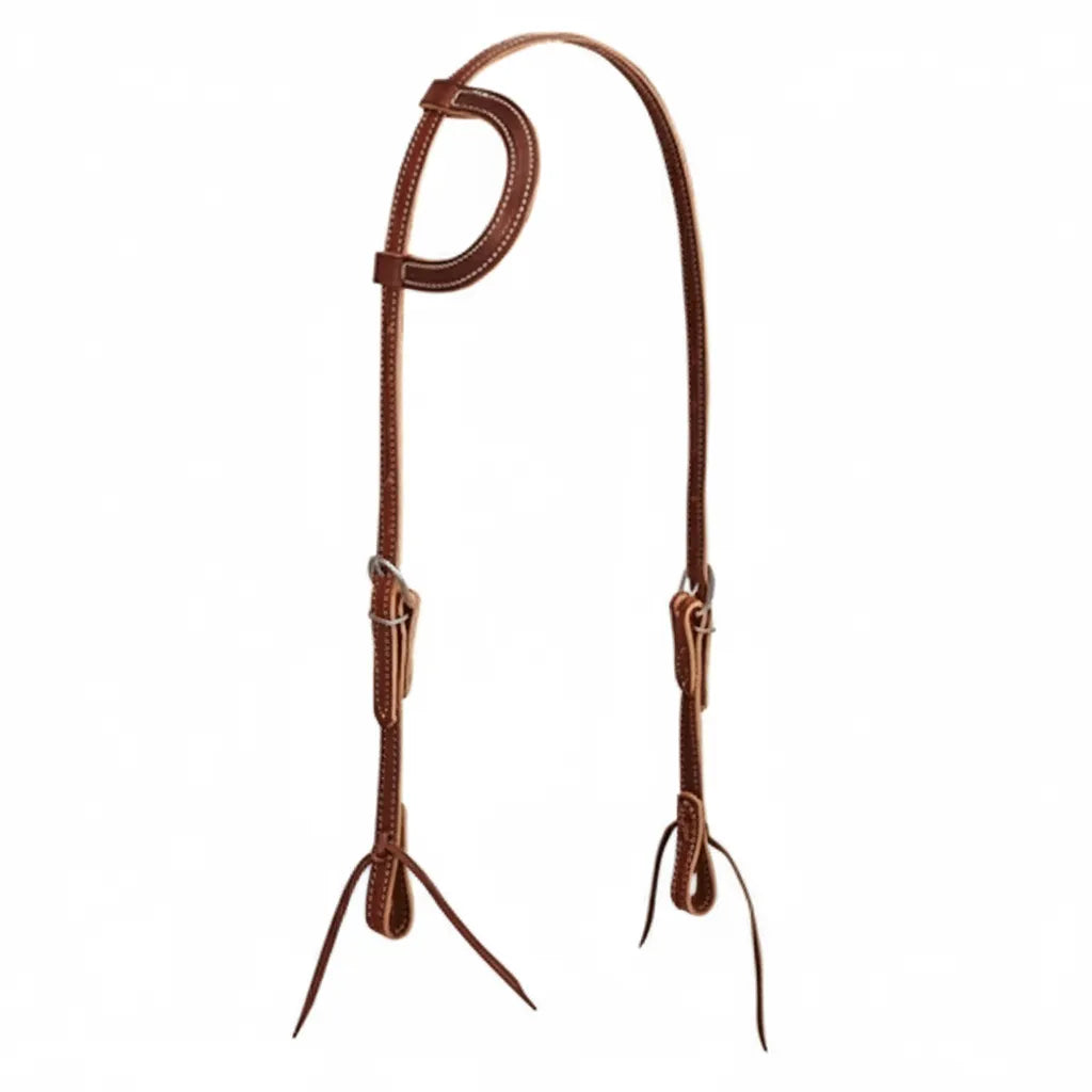 Weaver Leather Latigo 1-Ear Headstall in rich oil-tanned brown leather with cream contrast stitching. This classic Western bridle features a single ear loop, adjustable stainless steel buckles, and leather bit ties. Durable, high-quality horse tack designed for both daily riding and ranch work, combining traditional style with long-lasting performance.