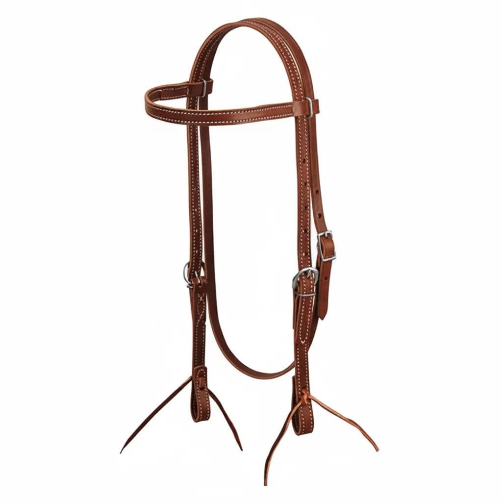 Weaver Leather 5/8" Latigo Browband Headstall in rich burgundy leather with classic white contrast stitching. This high-quality western horse headstall features durable stainless steel buckles and functional water tie bit ends for secure attachment. Designed for comfort and longevity, it’s a versatile piece of equestrian tack perfect for western riding, trail, or daily training. Professional-grade craftsmanship for a sleek, traditional look in the arena or on the trail.