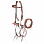 Weaver Leather Latigo Leather Hackamore Bridle Set in rich burgundy. This Western horse tack features an 8.5" bitless hackamore with a padded leather noseband, curb chain, and durable metal shanks. Includes a matching browband headstall and 7' split reins, perfect for trail riding, training, and riders looking for quality bitless communication. Made from supple, premium latigo leather for long-lasting performance and a professional aesthetic.
