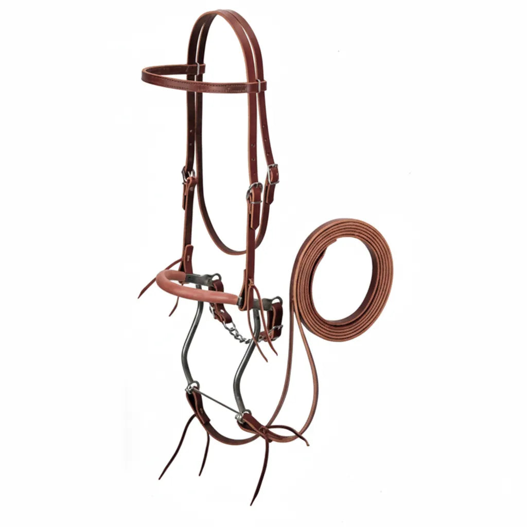 Weaver Leather Latigo Leather Hackamore Bridle Set in rich burgundy. This Western horse tack features an 8.5" bitless hackamore with a padded leather noseband, curb chain, and durable metal shanks. Includes a matching browband headstall and 7' split reins, perfect for trail riding, training, and riders looking for quality bitless communication. Made from supple, premium latigo leather for long-lasting performance and a professional aesthetic.