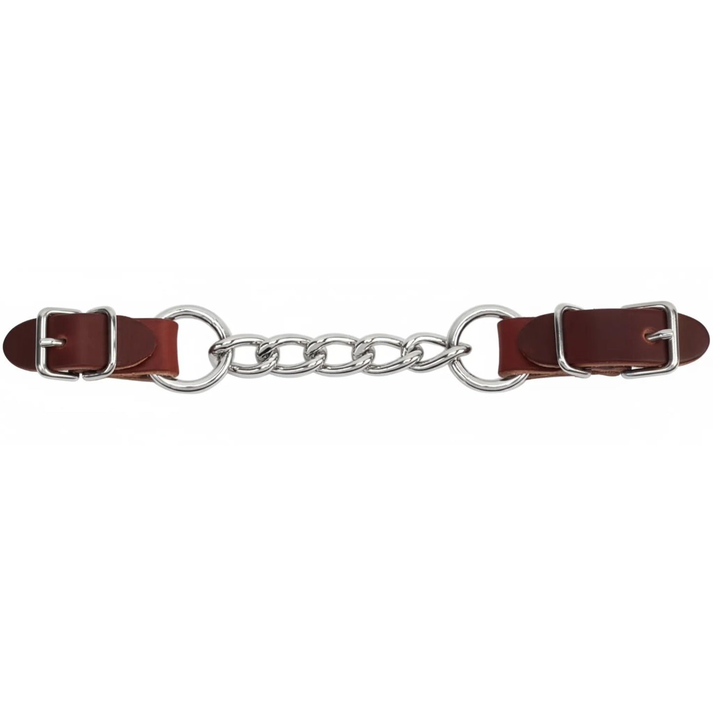 Weaver Leather Heavy-Duty Single Link Chain Curb Strap in rich burgundy latigo leather. This 4.5-inch western horse tack accessory features a durable chrome-plated single link chain, large connecting rings, and adjustable buckles for a secure, customized fit on a bit. Perfect for western riders seeking quality bit control and a classic aesthetic with premium leather.