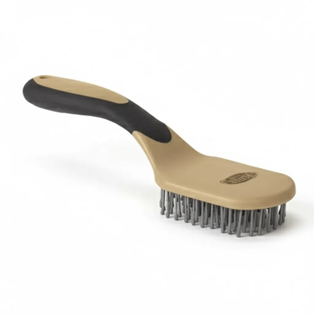 Weaver Leather Mane & Tail Brush for horse grooming, featuring a 2-3/4" wide tan head with durable 7/8" grey bristles. This 9" long equestrian tool includes a comfortable tan and black ergonomic handle designed for an easy grip while detangling manes and tails. A professional-grade horse care essential, this sturdy brush is perfect for any stable grooming kit.