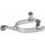 Polished stainless steel Weaver Leather Men's Roping Horse Spurs featuring a 1.75" shank and a distinctive brass rosebud rowel. This high-quality western riding gear includes a 5/8" heel band with pivoting brass buttons for easy strap attachment. Durable and stylish equestrian equipment designed for performance and precision in the arena.