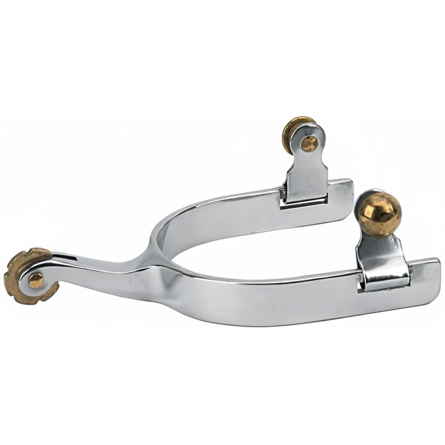 Polished stainless steel Weaver Leather Men's Roping Horse Spurs featuring a 1.75" shank and a distinctive brass rosebud rowel. This high-quality western riding gear includes a 5/8" heel band with pivoting brass buttons for easy strap attachment. Durable and stylish equestrian equipment designed for performance and precision in the arena.
