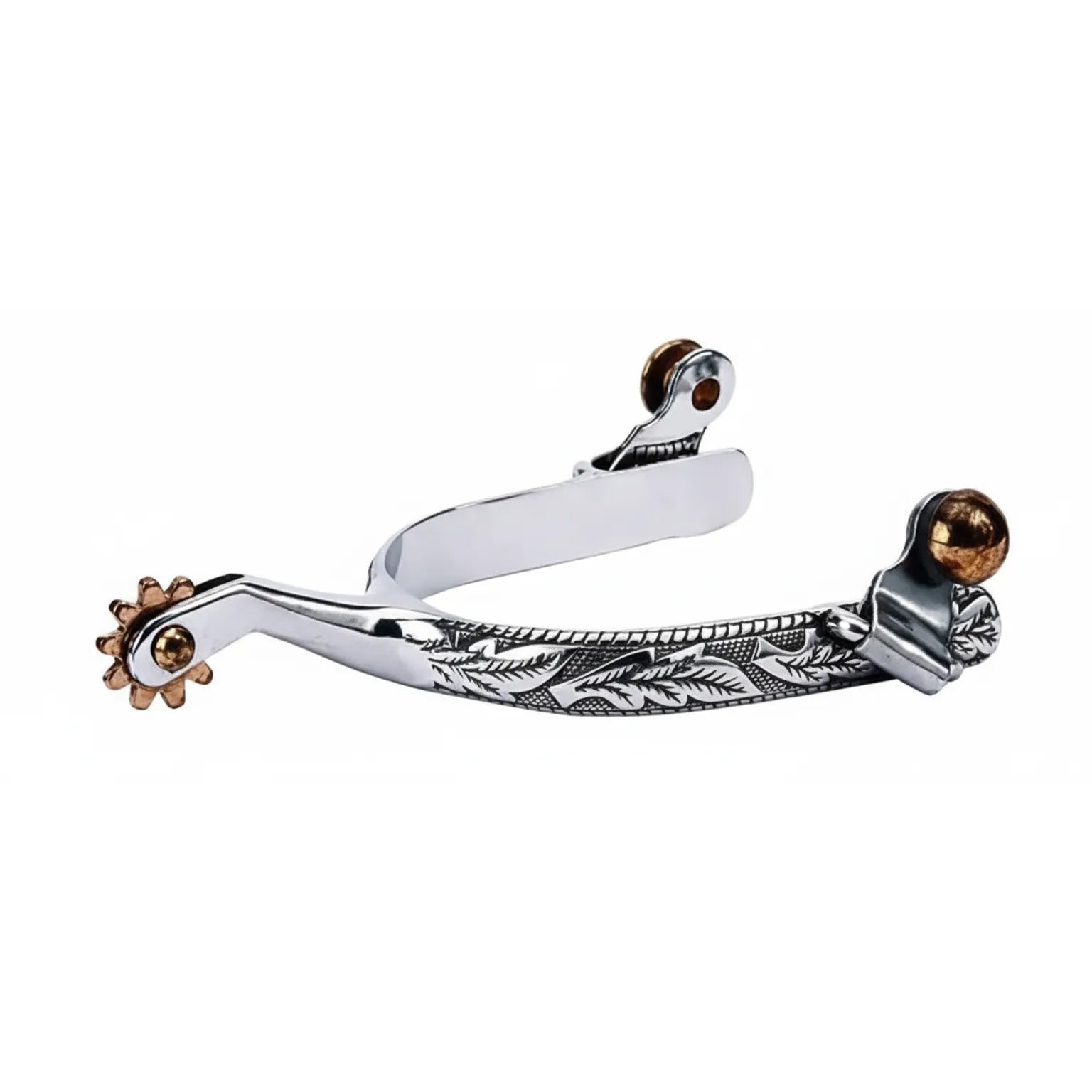 Weaver Leather Men's Roping Spurs crafted from polished stainless steel with an intricate hand-engraved leaf design. These high-quality Western spurs feature a 1-3/4" shank, a 10-point brass rowel, and swinging buttons with decorative brass accents. Elegant yet durable equestrian gear for roping, rodeo, or trail riding, providing both professional performance and a classic cowboy aesthetic.
