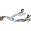 Weaver Leather Men's Roping Spurs featuring a polished stainless steel 1/2" flat band and a 1.75" downward curved shank. These high-quality western riding spurs showcase a distinctive 10-point brass rowel and matching brass swing buttons for easy strap attachment. Durable and stylish, this essential equestrian gear is designed for roping competitions and professional performance in the arena.