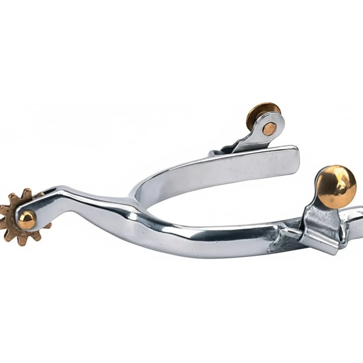 Weaver Leather Men's Roping Spurs featuring a polished stainless steel 1/2" flat band and a 1.75" downward curved shank. These high-quality western riding spurs showcase a distinctive 10-point brass rowel and matching brass swing buttons for easy strap attachment. Durable and stylish, this essential equestrian gear is designed for roping competitions and professional performance in the arena.