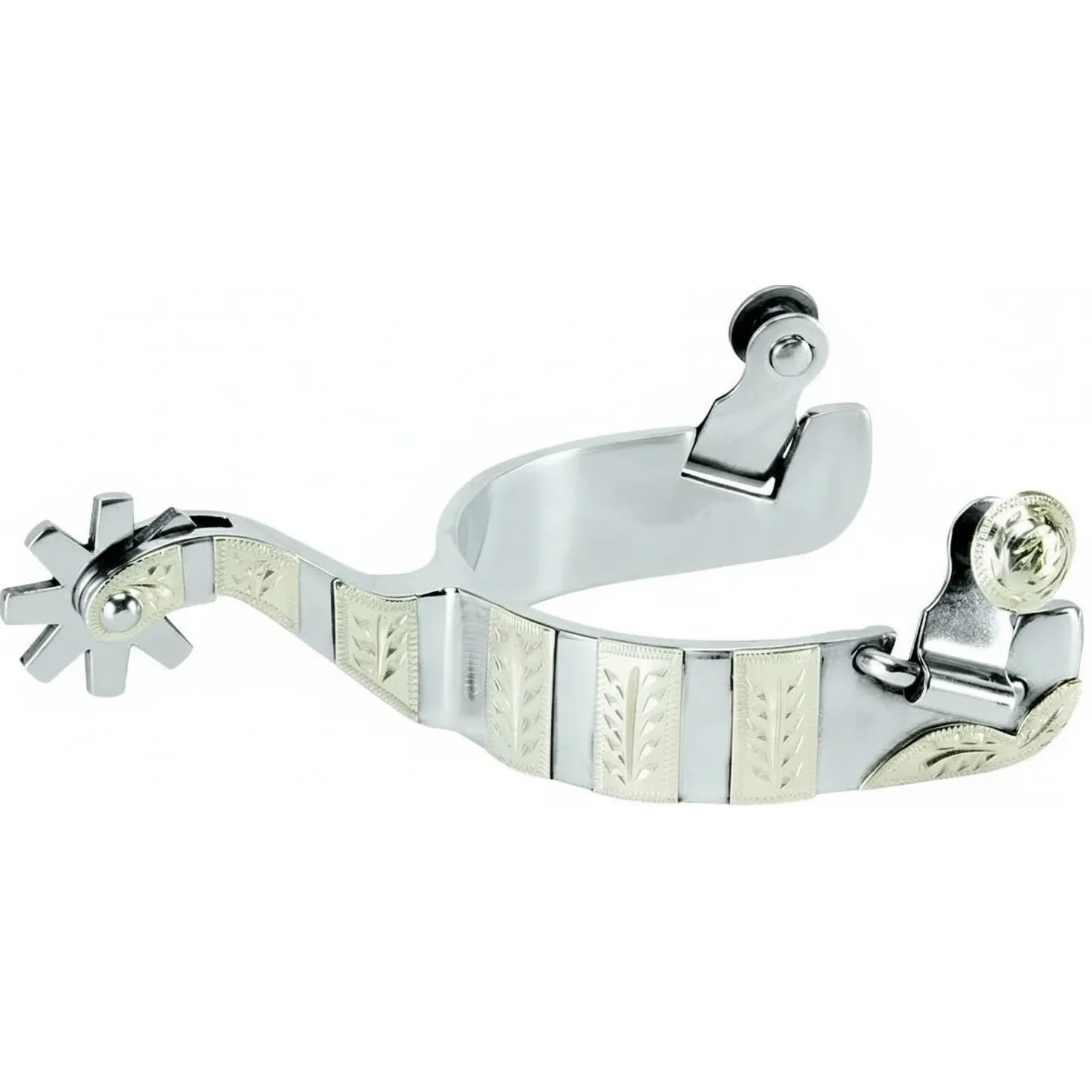 Weaver Leather Men's Stainless Steel Spurs featuring an 8-point rowel and elegant engraved German silver trim with a leaf pattern. These western riding spurs have a 1-inch band and a 2-inch shank, offering a polished, professional look for horse shows or ranch work. A durable and stylish choice for equestrians, these decorative cowboy spurs combine classic craftsmanship with high-quality stainless steel for long-lasting performance in the arena.