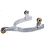 Weaver Leather Men's Stainless Steel Roping Spurs featuring a 1/2" band with an intricate engraved wheat pattern, a 2" shank, and a decorative gold-toned rosebud rowel. These high-quality western spurs include brass-colored buttons for strap attachment and a polished finish, making them perfect for roping, western performance, or ranch work. Durable equestrian gear designed for both style and precision in the arena.