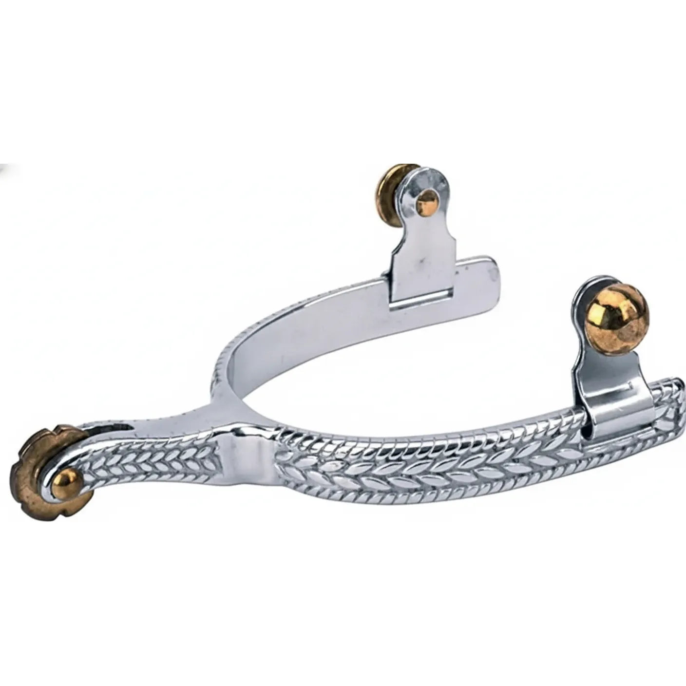 Weaver Leather Men's Stainless Steel Roping Spurs featuring a 1/2" band with an intricate engraved wheat pattern, a 2" shank, and a decorative gold-toned rosebud rowel. These high-quality western spurs include brass-colored buttons for strap attachment and a polished finish, making them perfect for roping, western performance, or ranch work. Durable equestrian gear designed for both style and precision in the arena.