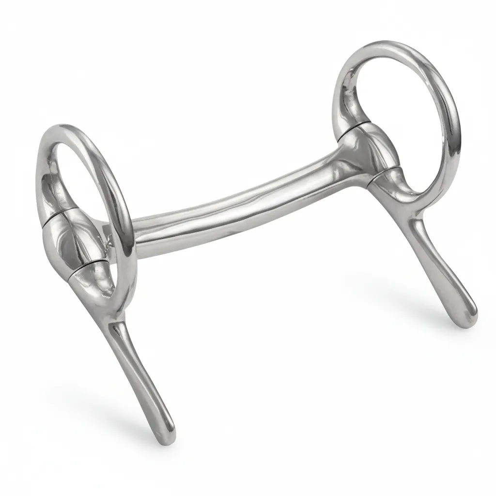 Weaver Leather Mini Mullen Mouth Half Cheek Driving Bit in polished stainless steel. This high-quality equestrian bit features a gentle 3.5-inch curved mouthpiece and 1.5-inch rings, specifically designed for miniature horses. The half cheek style offers superior lateral control and stability for driving harnesses, making it a reliable choice for training and performance. Durable, sleek tack perfect for mini horse enthusiasts and driving competitions.
