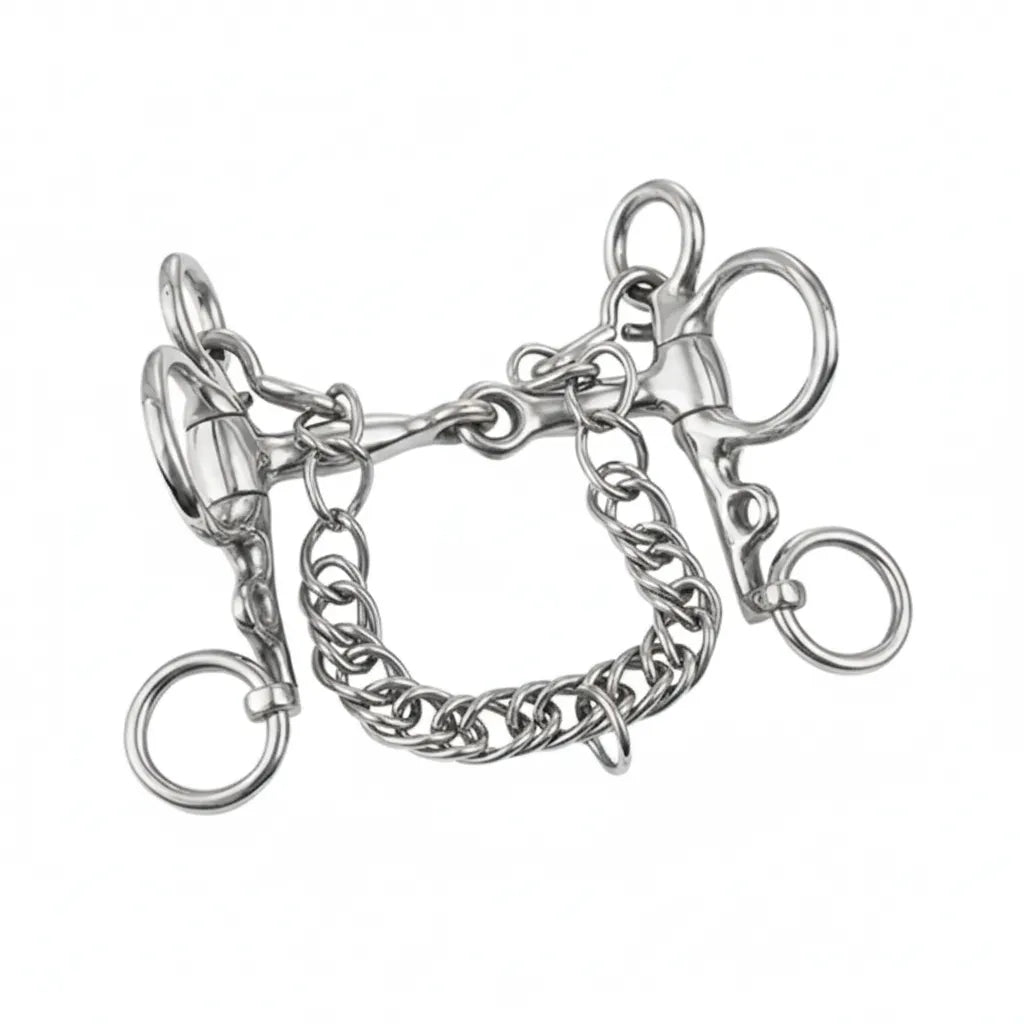 Weaver Leather Mini Pelham Snaffle Bit crafted from high-quality, polished stainless steel. Features a 3.5" jointed mouthpiece and 4" cheeks with a durable curb chain. Designed specifically for miniature horses, this versatile English bit offers multiple rein options for refined control. Professional-grade horse tack perfect for training, driving, or showing.