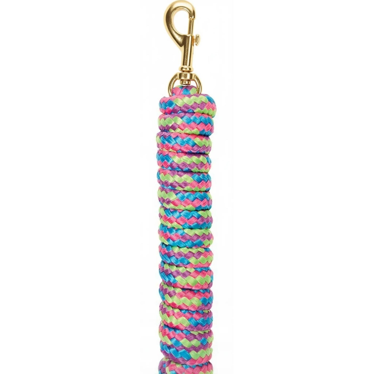 Vibrant pink, lime green, blue, and purple multi-colored Weaver Leather Mini Pony Poly Lead Rope with a 1/2" soft-grip polypropylene braid. The lead rope is equipped with a durable, solid brass snap for secure use. Perfect for training and leading small horses or ponies, this 7-foot equestrian accessory offers both a bright, fun aesthetic and heavy-duty performance for everyday stable use.