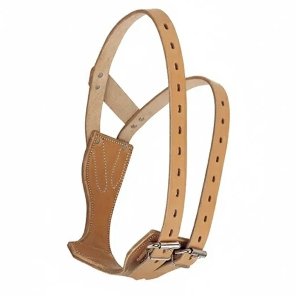 Weaver Leather Miracle Collar in natural tan premium harness leather. This large-sized anti-cribbing device for horses is designed specifically for Warmbloods and Drafts. It features an anatomical design with two adjustable straps and durable silver buckles for a precise fit. High-quality equine tack for behavior management, showing the sturdy stitching and multiple adjustment holes on the leather straps.