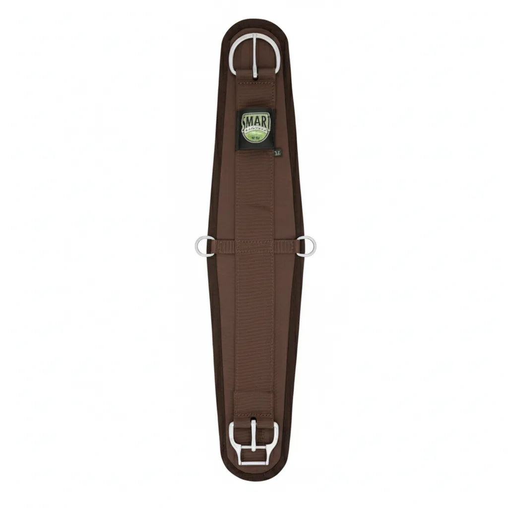 Weaver Leather Neoprene Smart Roper Cinch in chocolate brown, featuring the patented stainless steel Roll Snug buckle for smooth tightening. This shock-absorbing horse cinch offers maximum comfort and stability with a non-slip neoprene construction. Includes durable center D-rings for breast collar attachment. Professional-grade western horse tack designed for performance, comfort, and easy cinching during roping or trail riding.