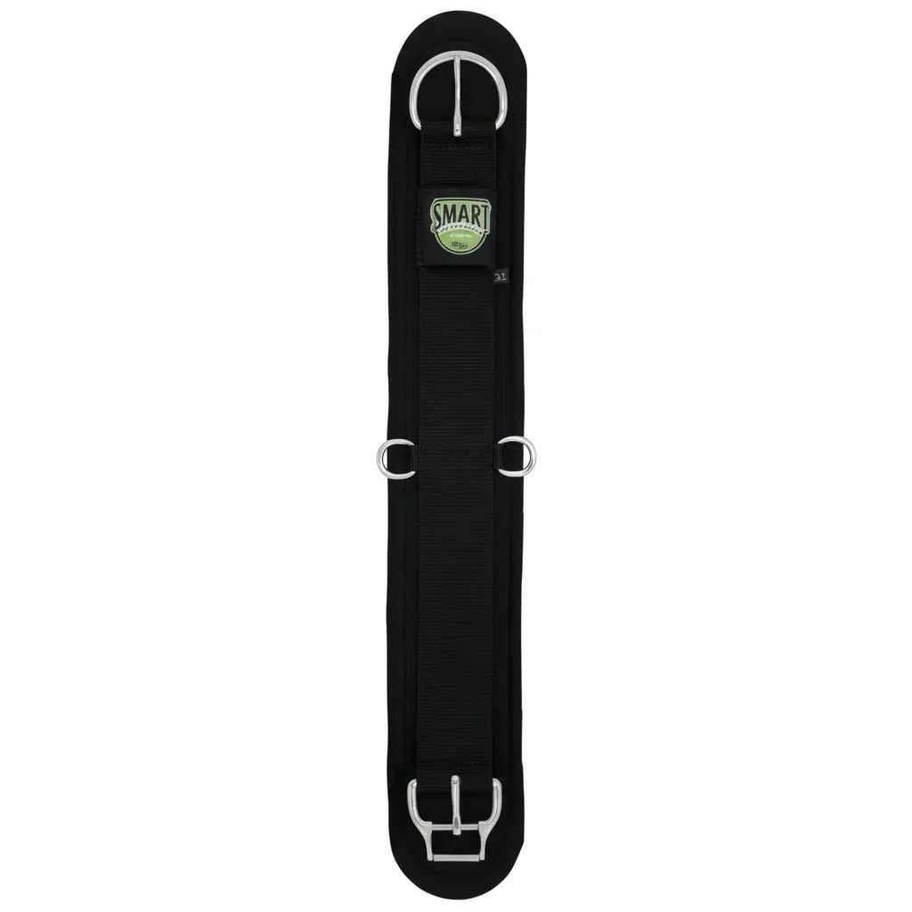 Black Weaver Leather Neoprene Smart Straight Cinch featuring the patented Roll Snug Buckle with a roller system for effortless cinching. This shock-absorbing horse girth is designed with a non-slip neoprene lining for maximum equine comfort and durability. Includes stainless steel D-rings for accessory attachment. A high-performing western horse tack essential for a secure and comfortable saddle fit.