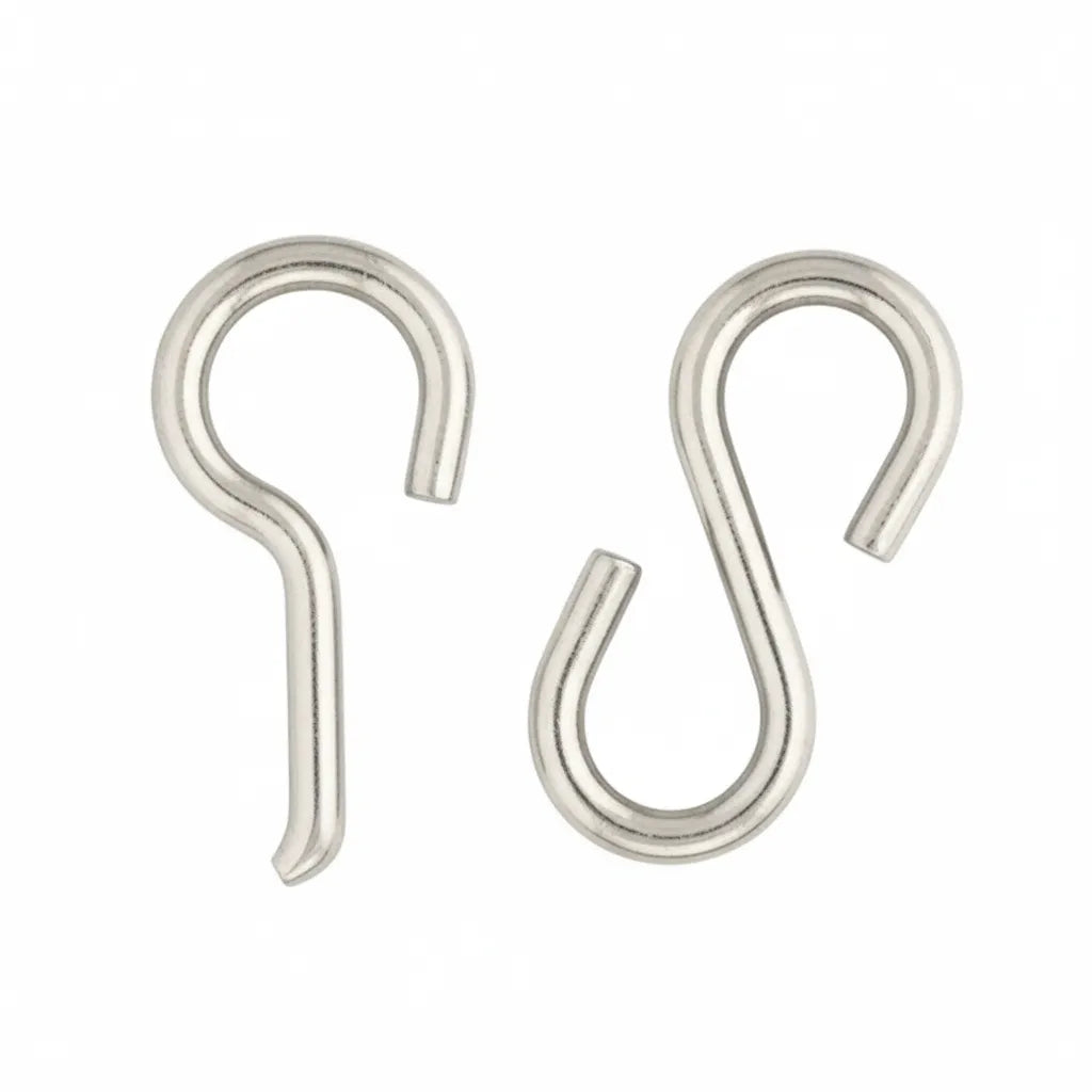 Pair of Weaver Leather Nickel Plated English Curb Chain Hooks. These durable, rust-resistant silver metal hooks are essential equestrian tack for English bridles. Featuring a classic S-hook design, they ensure a secure and reliable attachment for curb chains. The high-quality, shiny nickel finish offers a professional look for horse shows or daily schooling. Ideal for bit accessories and tack room replacements.