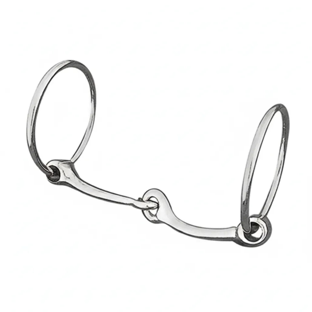 Weaver Leather Nickel Plated Jointed Snaffle Horse Bit featuring a polished, silver-tone finish. This essential piece of horse tack includes a 6-inch single-jointed mouthpiece and 3-inch loose rings designed for responsive control and comfort. Ideal for daily training and various equestrian disciplines, this durable snaffle bit offers a classic look and professional quality for any rider’s collection.