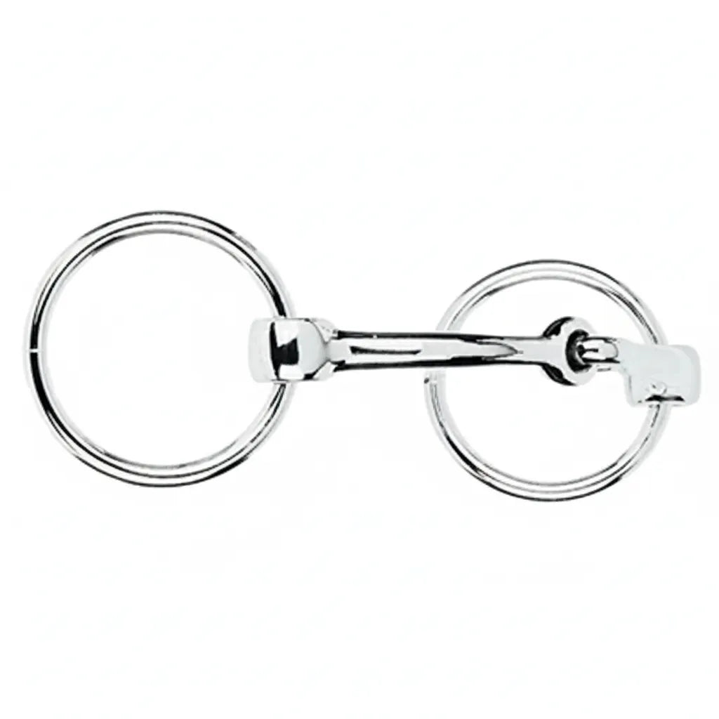 Weaver Leather Nickel Plated Snaffle Bit featuring a 5 1/4" slightly curved mouthpiece and 2 1/4" loose rings. This durable, polished equestrian bit is designed for horse comfort and effective communication during training or leisure riding. High-quality horse tack suitable for Western or English bridles, offering a classic look and reliable performance for horse owners and trainers.